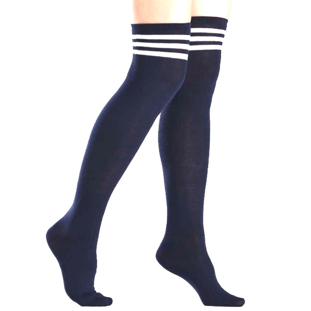 Navy Blue Over the Knee Thigh High Socks with White Stripes
